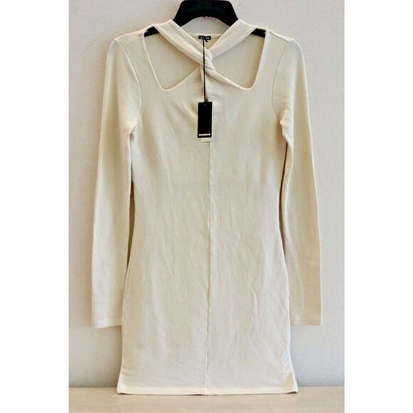 Monrow Women's Sz S Beige/Cream Twisty Neck Cutout Detail L/S Mini Dress - Picture 1 of 7
